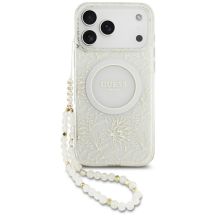 Guess IML Flowers Allover Electroplated with Pearl Strap MagSafe Case for iPhone 18 Pro Max / 17 Pro Max - White