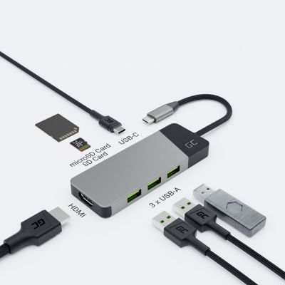 GREEN CELL HUB USB-C ADAPTER GC CONNECT 7IN1 (3XUSB 3.1, HDMI 4K 60HZ, USB-C PD 85W, MICROSD/SD)