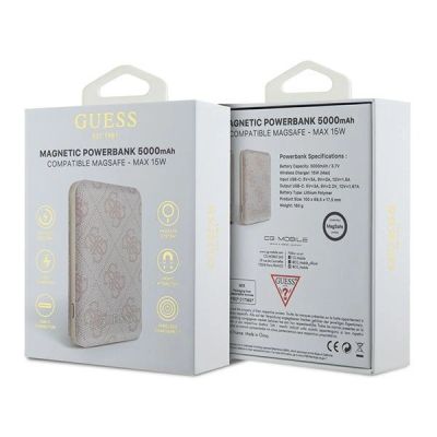 4. Guess Powerbank inductive 15W GUPB5FP4EMGP 5000mAh pink/pink 4G Leather Metal Logo MagSafe