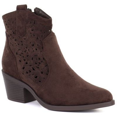 Women's suede ankle boots with openwork heel, brown, S.Barski HY61-8012