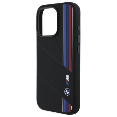 6. BMW Silicone Cut Tricolor Lines MagSafe Case for iPhone 16 Pro - Black