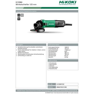 2. Hikoki G13SB4YGZ angle grinder 3.1 kg