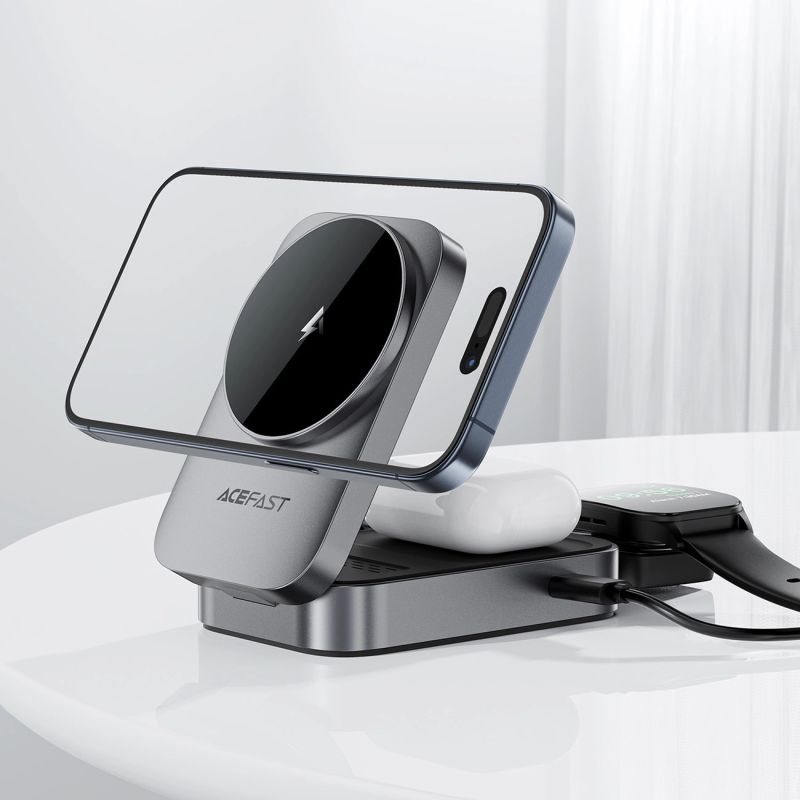5. Acefast E22 3-in-1 Wireless Inductive Charging Station, MagSafe Compatible - Gray