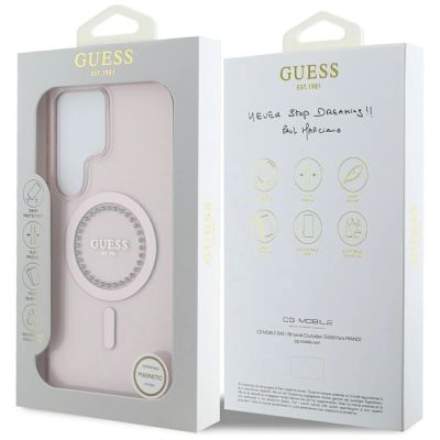 8. Guess Rhinestones Printed Classic Logo MagSafe Samsung Galaxy S25 Ultra Case Pink