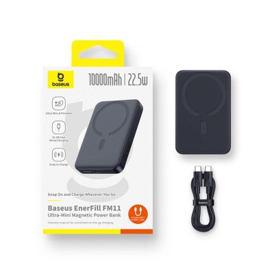 8. Baseus EnerFill FM11 Ultra-Mini 10000mAh 22.5W MagSafe Compatible Power Bank with Baseus Simple USB-C 20V/3A 30cm Cable - Black