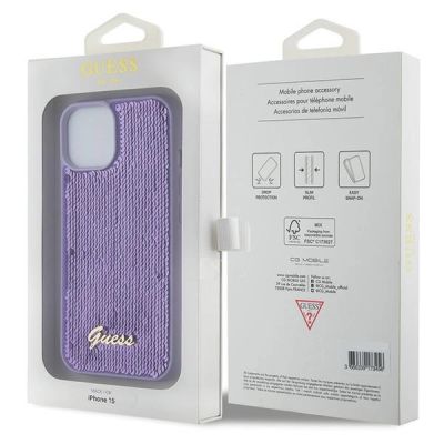 8. Guess Sequin Script Metal case for iPhone 15 - purple