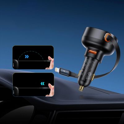 14. Baseus Enjoyment Pro 55W USB-A Car Charger with Retractable Lightning Cable - Black