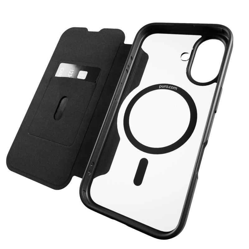 10. Puro Book Mag MagSafe Leather Case with Flap and Card Slot for iPhone 16 - Black