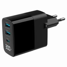 GEMBIRD 3-Port GaN USB Fast Mains Charger (PD) (2x USB-A + 1x USB Type-C), 30 W, LCD, Black