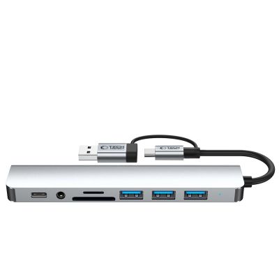 4. Tech-Protect HB06 HUB Adapter 8in1 TYPE-C + USB2.0 + USB3.0 + SD/TF + AV3.5 - gray