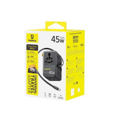 4. Baseus PicoGo AG11 45W 6-in-1 Travel Adapter with Retractable USB-C Cable - Black