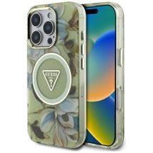 Guess Glitter Flowers Triangle Buttons MagSafe case for iPhone 16 Pro Max green
