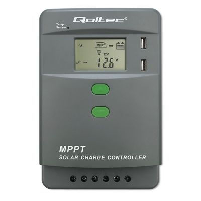 10. Qoltec MPPT Solar Charge Controller with Temperature Sensor 10A | 12V / 24V | LCD | 2 x USB | Bluetooth | APP | GEL | LiFePO4