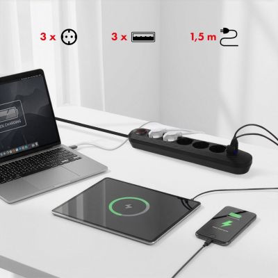 11. MACLEAN POWER STRIP, EXTENSION CORD, 5 OUTLETS + 3XUSB, 110-240V AC 50/60HZ, 2.1A MAX 2500W, 1.5M, BLACK MCE395 B