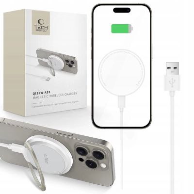 Tech-Protect QI15W-A33 Inductive Charger with MagSafe and Stand with USB-A / USB-C Cable - White