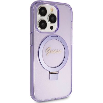 4. Guess Ring Stand Script Glitter MagSafe case for iPhone 15 Pro - purple
