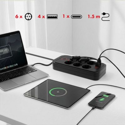 9. MACLEAN POWER STRIP, EXTENSION CORD 6 OUTLETS + 4XUSB, 110-240V AC 50/60HZ, 2.1A MAX 2500W, 1.5M, BLACK MCE389 B