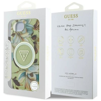8. Guess IML Metal Glitter Flowers Triangle MagSafe iPhone 16e Case - Green