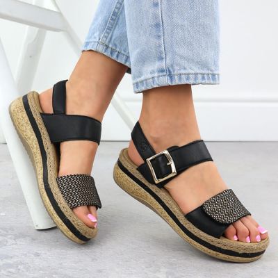 5. Women's leather wedge sandals with Velcro straps, black Rieker V0951