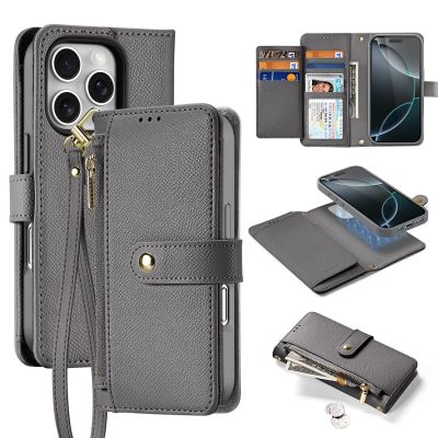 Dux Ducis Lawa Leather Case for iPhone 16 Pro Max with Detachable Magnetic Wallet - Gray
