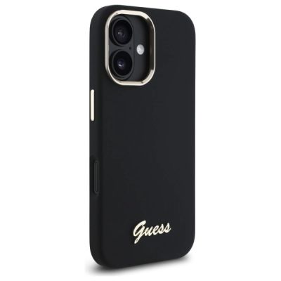 4. Guess Silicone Script Metal Logo & Frame Case for iPhone 16 Plus - Black