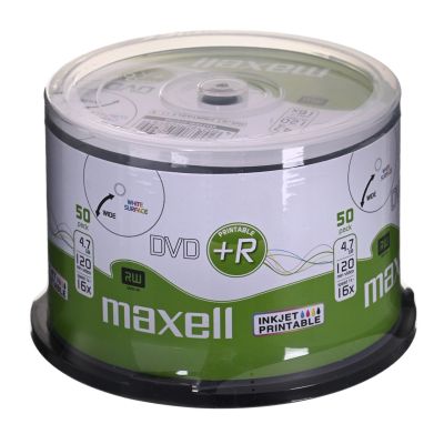MAXELL DVD+R 4.7GB, 50 pcs per spindle. 16X write speed, 120 min. Inkjet printable discs. Intended use: Multimedia.