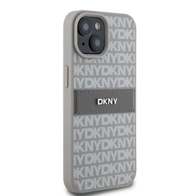 4. DKNY Leather Mono Stripe & Metal Logo case for iPhone 15 Plus / 14 Plus - beige