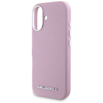 6. Karl Lagerfeld Saffiano Full Wrapped Elongated Metal Logo MagSafe iPhone 16 Case - Pink