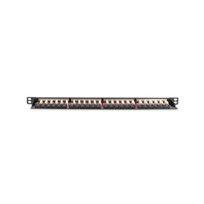 10. High density patch panel 19'' 24x RJ45, LSA level, cat.6A, shielded, 0.5U, black, cable guide