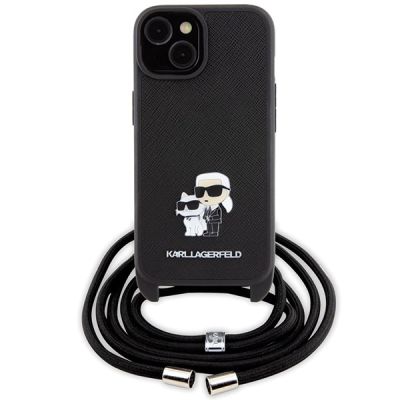 2. Karl Lagerfeld Crossbody Saffiano Metal Pin Karl & Choupette case for iPhone 15 Plus - black