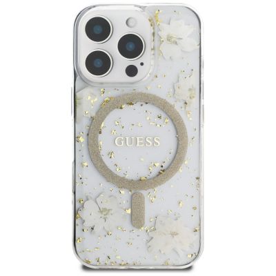 3. Guess Resin Flowers Glitter MagSafe iPhone 16 Pro Case - Beige