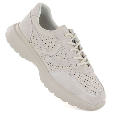 Women's leather sports shoes with openwork pattern, beige, Vinceza 41507