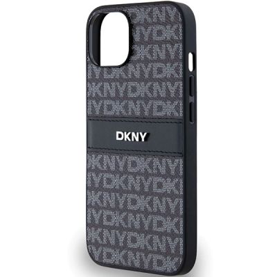 6. DKNY Leather Mono Stripe & Metal Logo Case for iPhone 15/14/13 - Black