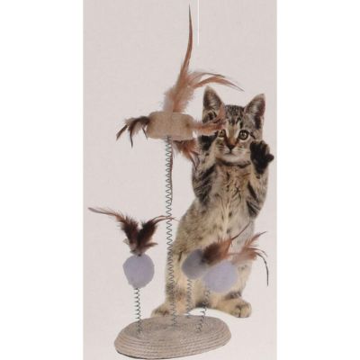 4. CAT TOY, FEATHERS ON SPRINGS ON A SCRATCHING POST BASE 14X33CM