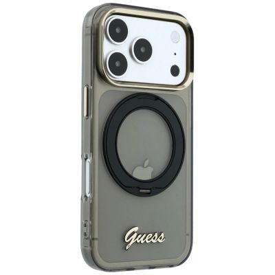 5. Guess IML Ring Stand 360 Script Metal Logo MagSafe Case for iPhone 17 Pro / 18 Pro - Black