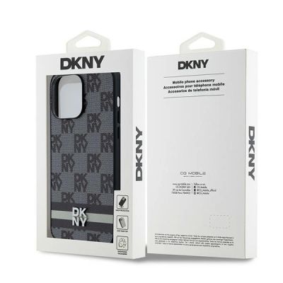 8. DKNY Leather Checkered Mono Pattern & Printed Stripes Case for iPhone 14 Pro Max - Black