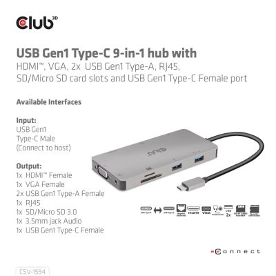 7. CLUB3D CSV-1594 USB 3.2 Gen 1 (3.1 Gen 1) Type-C Docking Station Black, Gray