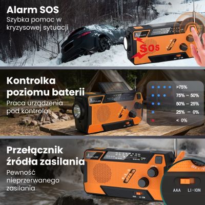 47. Extralink Solar Emergency Radio with Crank Dynamo Powerbank 4000mAh with SOS Flashlight SR-4000 Portable Analog Black, Orange