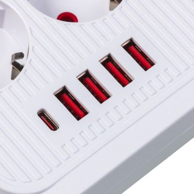 6. MACLEAN POWER STRIP, EXTENSION CORD 6 OUTLETS + 4XUSB, 110-240V AC 50/60HZ, 2.1A MAX 2500W, 1.5M, WHITE MCE389W