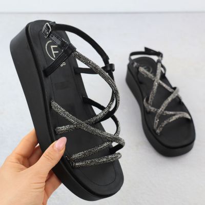 Women's Roman wedge sandals with zircons, black Filippo DS6898