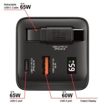 9. Verbatim Gan 65W charger 2xUSB-C PD, 1xUSB-A, retrac. Cable 32217