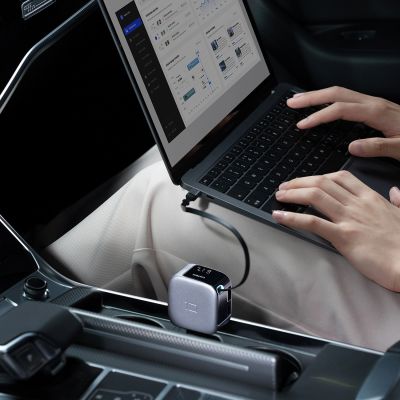 14. Cuktech CC903P 100W Car Charger with Display and 70cm Retractable USB-C Cable - Gray