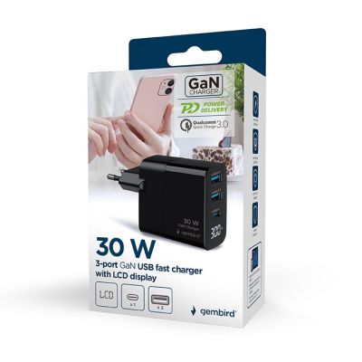 10. GEMBIRD 3-Port GaN USB Fast Mains Charger (PD) (2x USB-A + 1x USB Type-C), 30 W, LCD, Black