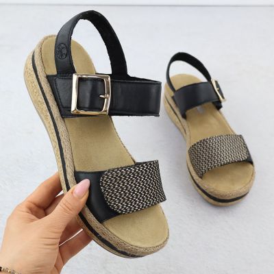 Women's leather wedge sandals with Velcro straps, black Rieker V0951