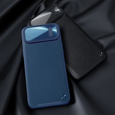 15. Nillkin CamShield Leather S Case iPhone 14 Plus case with camera cover blue