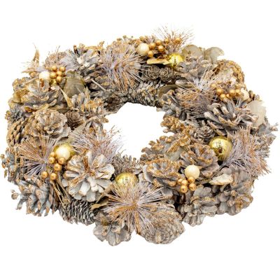 20. DECORATIVE WREATH 34 CM GOLD WITH PINES AND MICA BALLS