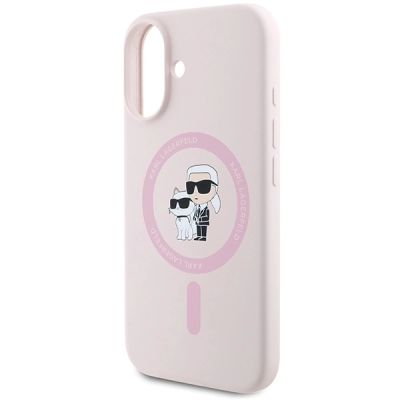 6. Karl Lagerfeld Silicone Karl&Choupette Heads Ring MagSafe iPhone 16 Case - Pink