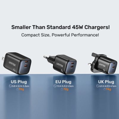 42. UNITEK 2X GAN 45W CHARGING UNIT, 2XUSB-C PD 3.0, QC, BLACK