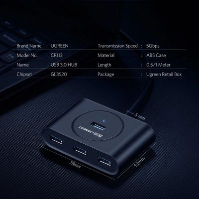 10. Ugreen HUB 4x USB 3.2 Gen 1 (0.5 m cable) black (20290)
