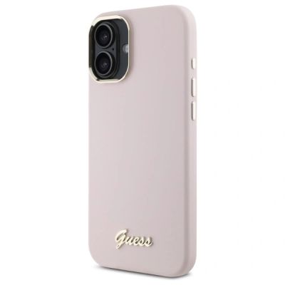 9. Guess Silicone Script Metal Logo & Frame iPhone 16 Plus Case - Pink